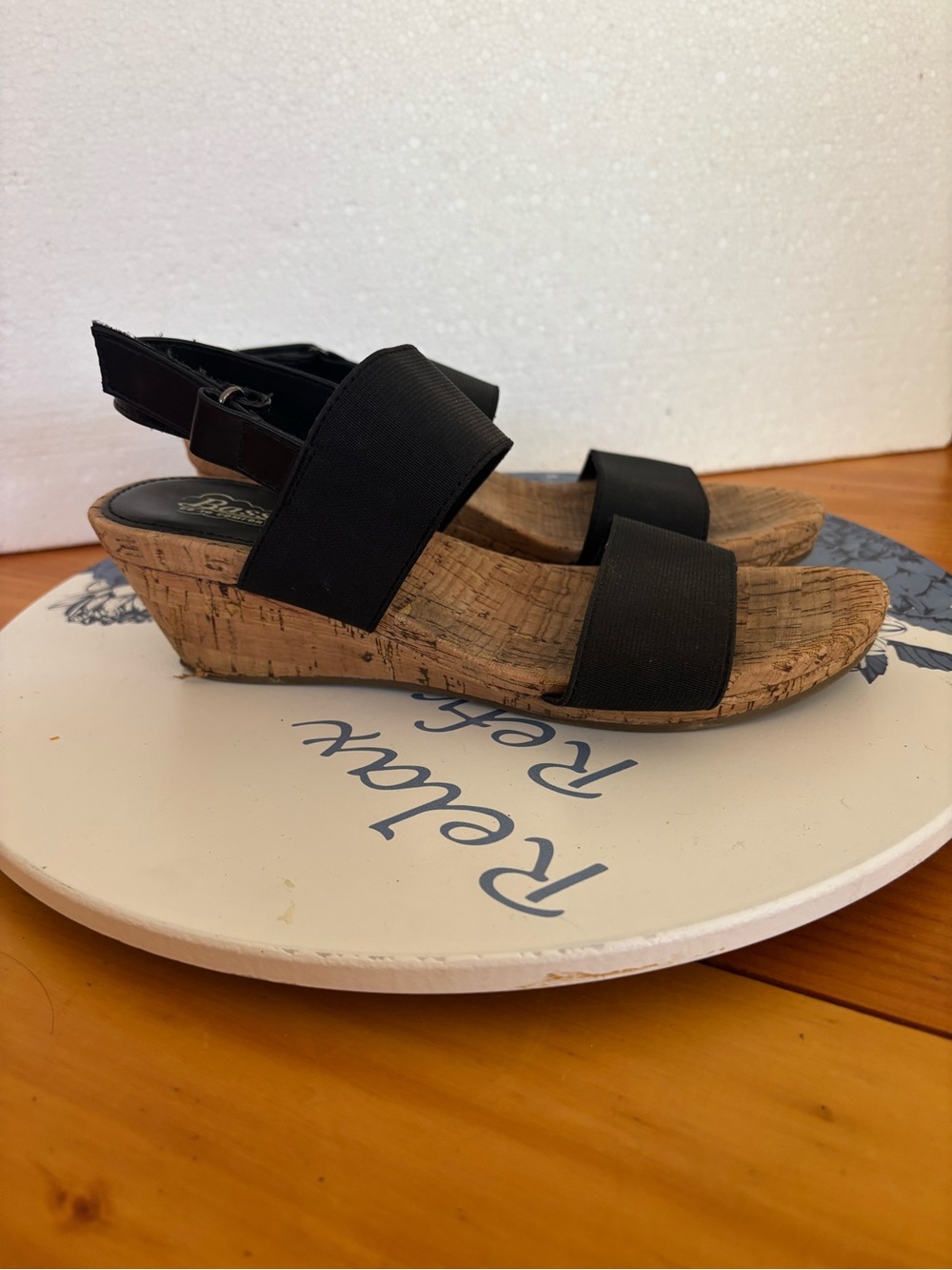 Bass Laurie Cork Wedge Sandals Size 7.5 Black Stretch Comfort Slingback